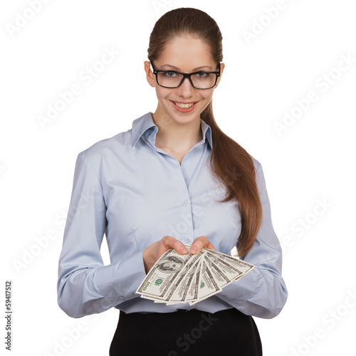Photo: Young woman with hundred dollar bills in his hands Young woman with hundred dollar bills in his hands