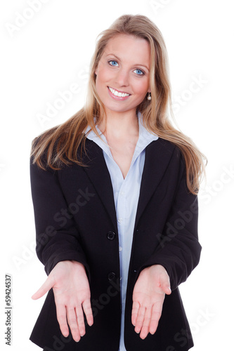Photo: young blond woman stretching hands to the presentation of young blond woman stretching hands to the presentation of