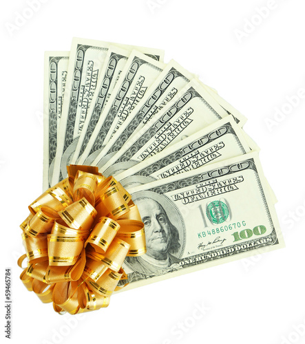 Photo: Dollar bills with bow isolated on white Dollar bills with bow isolated on white