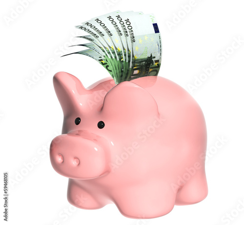 Illustration: Piggy bank and euro banknotes Piggy bank and euro banknotes