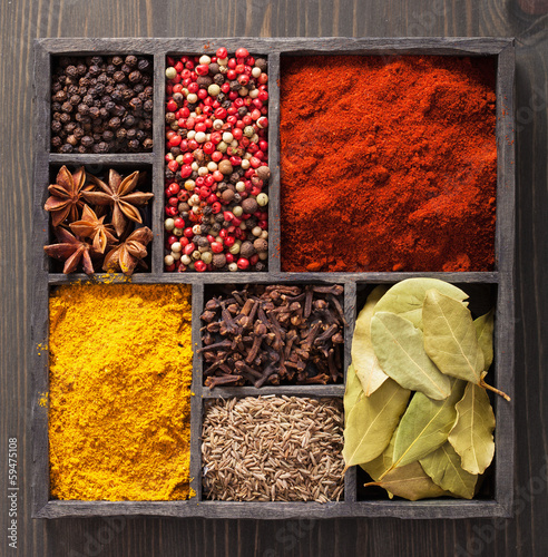 Photo: spices in box: pink and black pepper, paprika powder, curry, bay spices in box: pink and black pepper, paprika powder, curry, bay