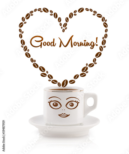 Photo: Coffee mug with coffee beans shaped heart with good morning sign Coffee mug with coffee beans shaped heart with good morning sign