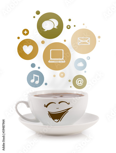 Photo: Coffee cup with social and media icons in colorful bubbles Coffee cup with social and media icons in colorful bubbles