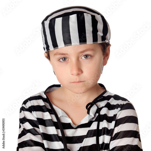 Photo: Sad child with with striped prisoner costume Sad child with with striped prisoner costume