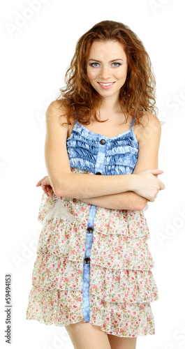 Photo: Beautiful young girl in dress isolated on white Beautiful young girl in dress isolated on white