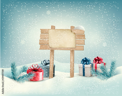 Vector: Christmas winter background with presents and wooden board. Vect Christmas winter background with presents and wooden board. Vect