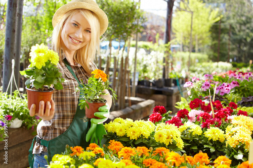 Photo: Florists woman working with flowers at a greenhouse. Florists woman working with flowers at a greenhouse.
