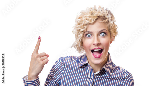 Photo: Surprised business woman showing with their finger up Surprised business woman showing with their finger up
