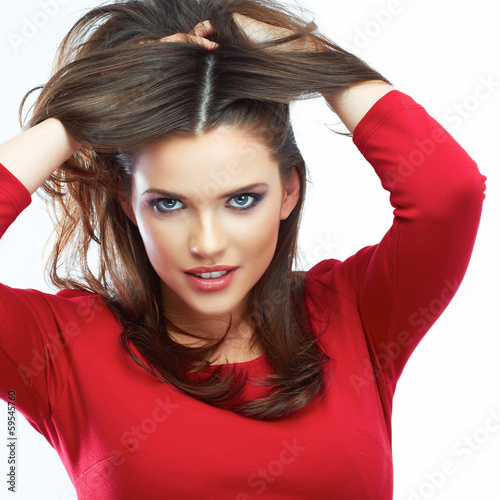 Photo: Woman hair beauty portrait. Beautiful girl isolated on white ba Woman hair beauty portrait. Beautiful girl isolated on white ba