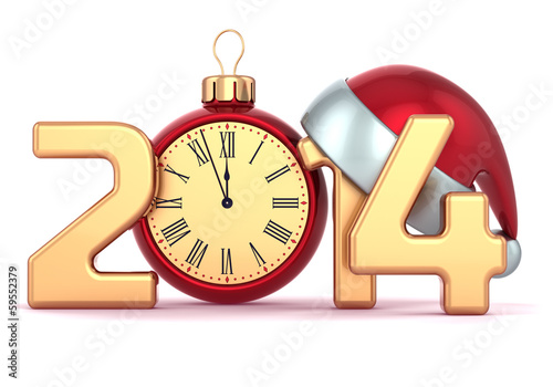 Illustration: Happy New Year 2014 alarm clock Santa hat Christmas ball Happy New Year 2014 alarm clock Santa hat Christmas ball