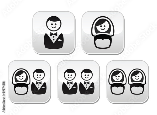 Vector: Hetero, gay or lesbian wedding buttons set Hetero, gay or lesbian wedding buttons set