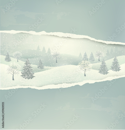 Vector: Christmas winter landscape background with ripped paper Christmas winter landscape background with ripped paper