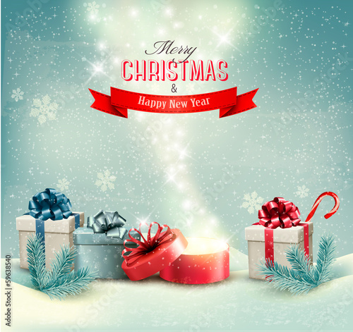 Vector: Christmas winter background with presents and open magic box Ve Christmas winter background with presents and open magic box Ve