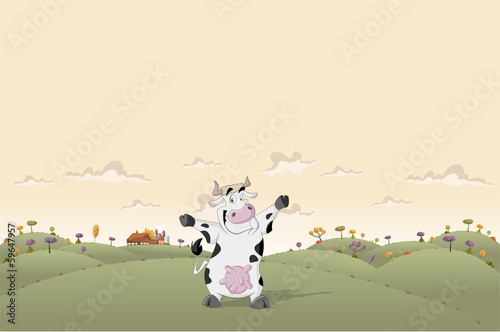 Vector: Cartoon cow on country farm landscape Cartoon cow on country farm landscape