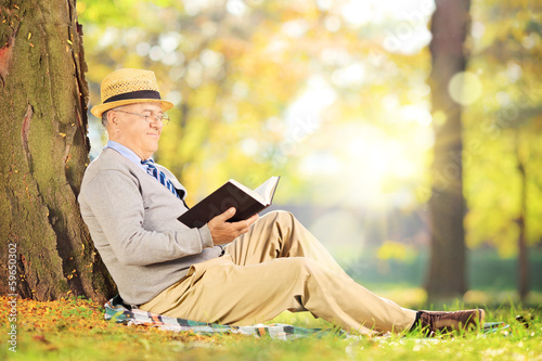 Photo: Senior gentleman sitting on a grass and reading a novel in park Senior gentleman sitting on a grass and reading a novel in park