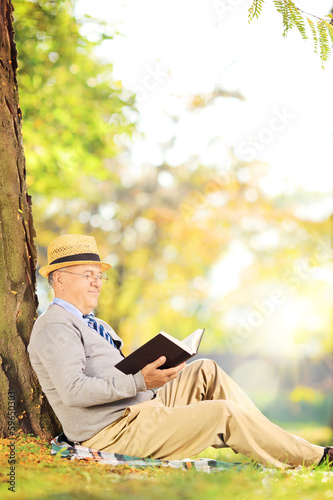 Photo: Senior man sitting on a grass and reading a book in park Senior man sitting on a grass and reading a book in park
