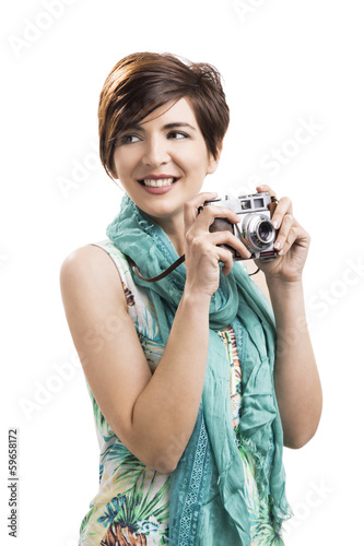 Photo: Woman with a vintage camera Woman with a vintage camera