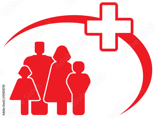Vector: red symbol - medical cross with family red symbol - medical cross with family