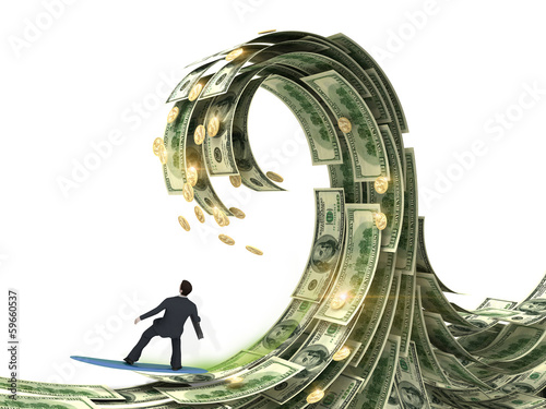 Illustration: businessman slips surfing on a wave of money businessman slips surfing on a wave of money