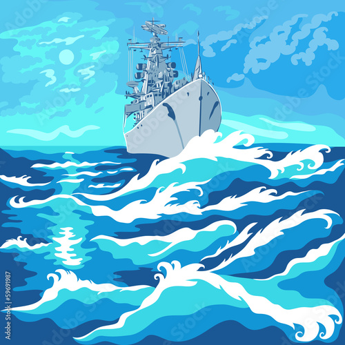 Vector: vector seascape with a warship vector seascape with a warship