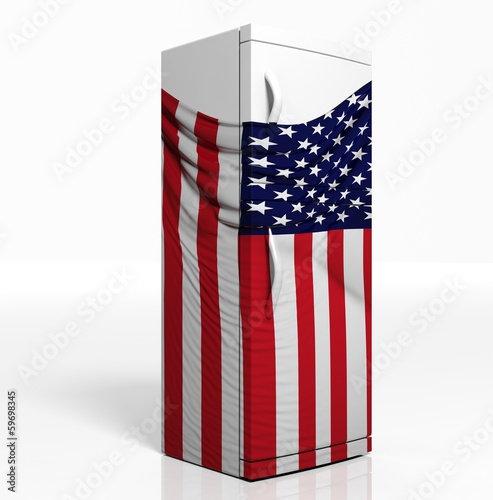 Illustration: 3D refrigerator with american flag isolated one white 3D refrigerator with american flag isolated one white