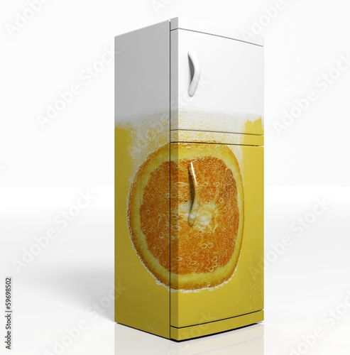 Illustration: 3D render of large refrigerator with orange isolated 3D render of large refrigerator with orange isolated