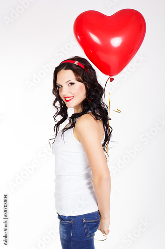 Photo: valentine's day beautiful young woman with red balloons valentine's day beautiful young woman with red balloons