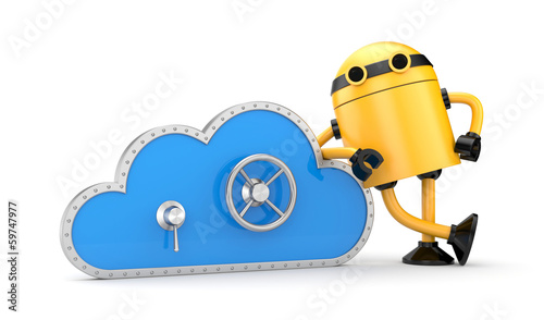 Illustration: Cloud and safe lock with robot Cloud and safe lock with robot