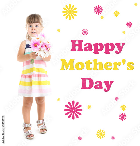 Photo: Little cute girl holding flowers, isolated on white Little cute girl holding flowers, isolated on white