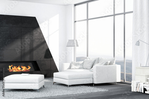 Illustration: Contemporary white living room interior with fireplace Contemporary white living room interior with fireplace