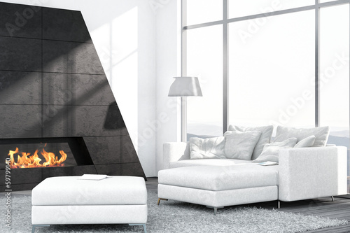 Illustration: Contemporary white living room interior with fireplace Contemporary white living room interior with fireplace