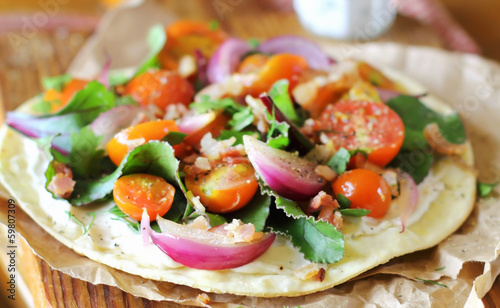Photo: Flat bread with chard, tomatoes, red onion and crispy bacon Flat bread with chard, tomatoes, red onion and crispy bacon