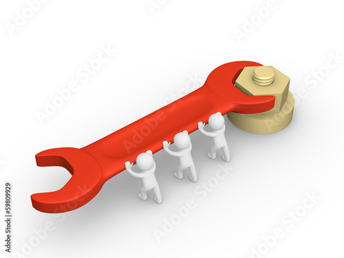 Illustration: 3d people tightening a screw nut 3d people tightening a screw nut