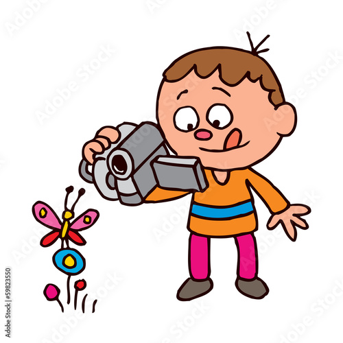Vector: Boy filming a butterfly Boy filming a butterfly