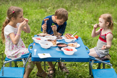 Photo: children eat meat with vegetables at picnic on pembroke table children eat meat with vegetables at picnic on pembroke table