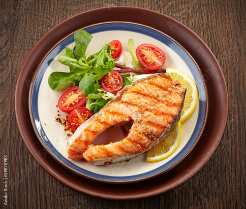 Photo: fresh grilled salmon steak slice fresh grilled salmon steak slice