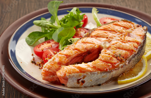 Photo: fresh grilled salmon steak slice fresh grilled salmon steak slice