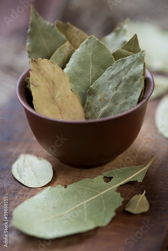 Photo: Herbs: dried bay leaves, vertical shot Herbs: dried bay leaves, vertical shot