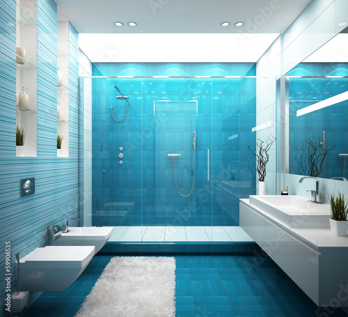 Illustration: Modern blue bathroom in house Modern blue bathroom in house