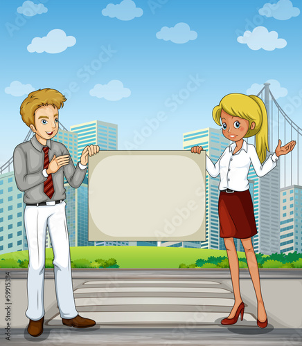 Vector: A man and a woman at the pedestrian lane holding an empty signbo A man and a woman at the pedestrian lane holding an empty signbo