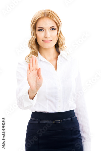 Photo: Businesswoman with stop gesture, on white Businesswoman with stop gesture, on white