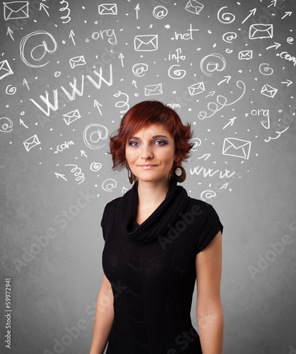 Photo: Pretty young girl with abstract white media icon doodles Pretty young girl with abstract white media icon doodles