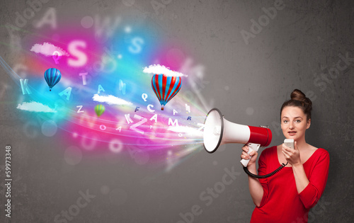 Photo: Girl shouting into megaphone and abstract text and balloons come Girl shouting into megaphone and abstract text and balloons come