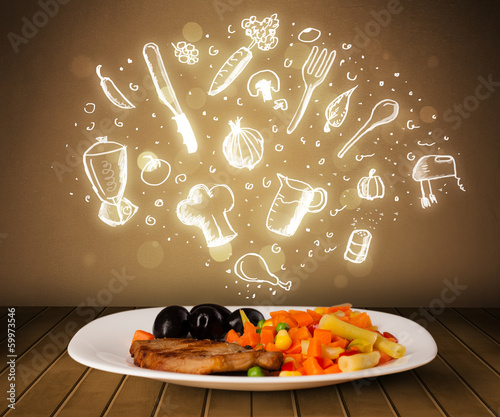 Photo: Plate of food with white hand drawn icons and symbols Plate of food with white hand drawn icons and symbols