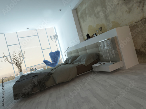 Photo: Modern factory-style bedroom interior with concrete wall Modern factory-style bedroom interior with concrete wall
