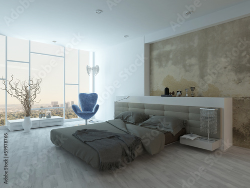 Illustration: Modern factory-style bedroom interior with concrete wall Modern factory-style bedroom interior with concrete wall