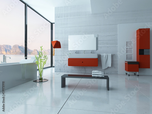 Illustration: Modern red bathroom interior Modern red bathroom interior