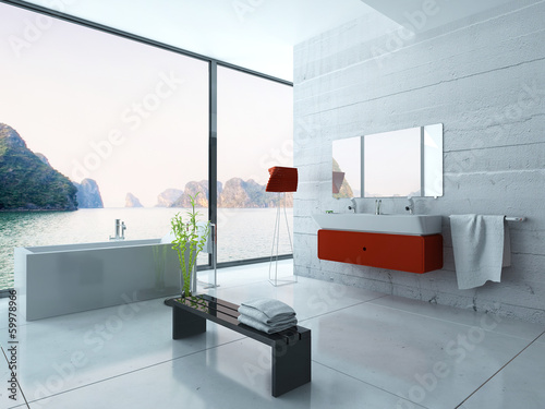 Illustration: Modern red bathroom interior Modern red bathroom interior