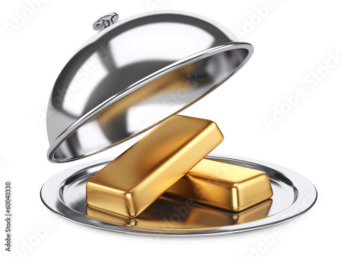 Illustration: Restaurant cloche with golden bars and open lid Restaurant cloche with golden bars and open lid
