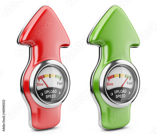 Illustration: Upload speedometer and arrow sign. Internet connection speed con Upload speedometer and arrow sign. Internet connection speed con